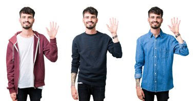 Kolaj gösterilen ve parmakları ile işaret izole arka plan üzerinde genç adamın kendinden emin ve mutlu gülümseyerek süre beş numara.