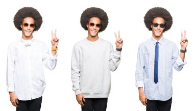 Mutlu yüz zafer işareti yaparken kameraya göz kırpıyor ile gülümseyen beyaz izole arka plan üzerinde afro saçlı Genç adam kolaj. İki numaralı.