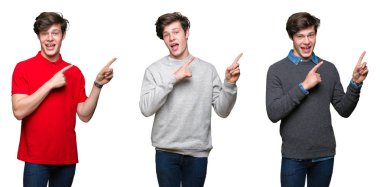 Gülümseyen ve iki elleri ve parmakları ile tarafına işaret kamera bakıyor beyaz izole arka plan üzerinde genç adam kolaj.