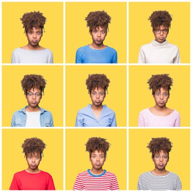 Komik yüzü ile sarı izole arka plan şişirme yanakları üzerinde genç güzel Afrikalı kız Kolaj. Ağız hava ile şişirilmiş, deli ifade.