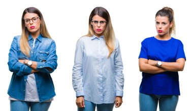 Yüzünde ciddi ifade ile izole arka plan üzerinde gözlük takan genç güzel kadın kolaj. Kameraya basit ve doğal bir bakış.