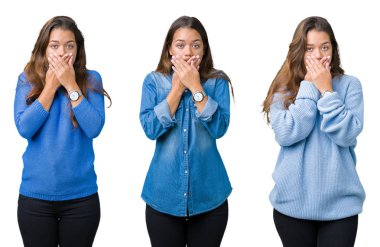 Güzel genç kadın izole arka plan ağız hata için elleriyle kapsayan şok yüzünden kolaj. Gizli kavramı.