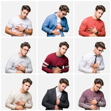 Genç yakışıklı iş adam kolaj izole mide üzerinde el ile arka plan çünkü mide bulantısı, ağrılı hastalık hasta hissediyor. Ağrısı kavramı.