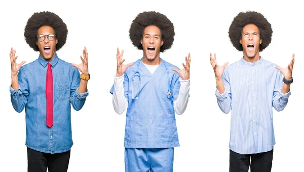 Colagem Jovem Com Cabelo Afro Sobre Fundo Isolado Branco Louco — Fotografia de Stock