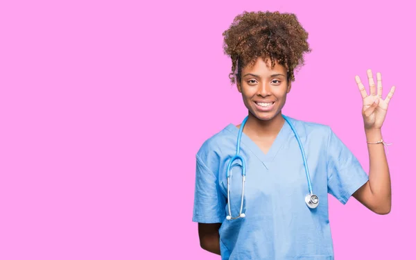 Joven Afroamericana Médico Mujer Sobre Aislado Fondo Mostrando Señalando Hacia — Foto de Stock
