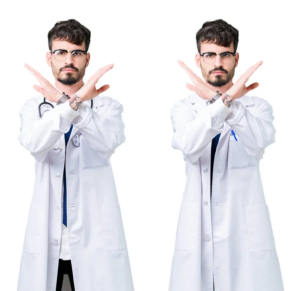 Collage Giovane Medico Che Indossa Cappotto Medico Espressione Rifiuto Incrociando — Foto Stock