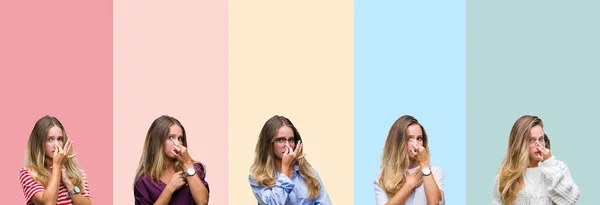 Collage Hermosa Mujer Joven Sobre Rayas Colores Aislado Fondo Oliendo —  Fotos de Stock