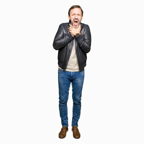 Middle Age Handsome Man Wearing Black Leather Jacket Shouting Suffocate — Stock Photo, Image