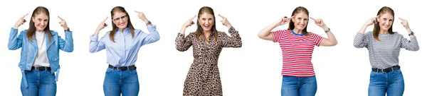 Collage Hermosa Mujer Mediana Edad Sobre Fondo Aislado Sonriendo Apuntando — Foto de Stock