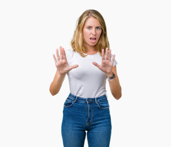 Beautiful Young Woman Wearing Casual White Shirt Isolated Background Afraid — Stock Photo, Image