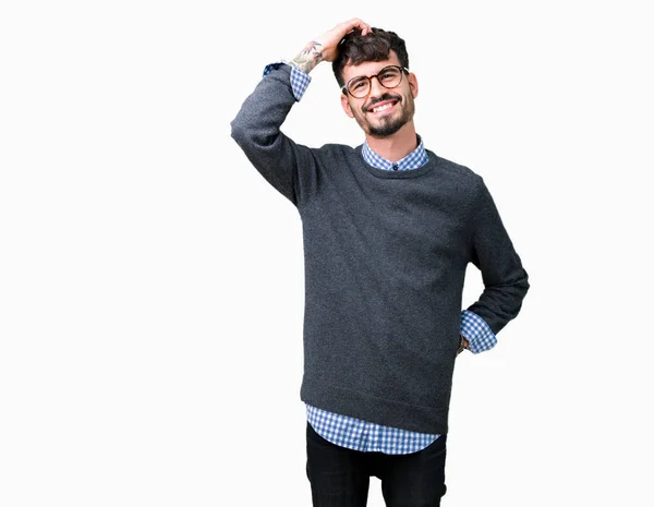 Mladý Pohledný Inteligentní Muž Nosí Brýle Izolované Pozadí Usmívající Jistý — Stock fotografie