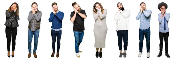 Colagem Pessoas Sobre Fundo Isolado Branco Dormindo Cansado Sonhando Posando — Fotografia de Stock