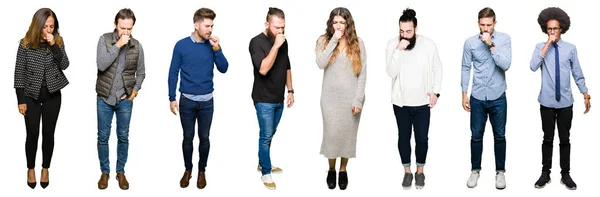 Collage Personas Sobre Fondo Blanco Aislado Sintiéndose Mal Tosiendo Como —  Fotos de Stock