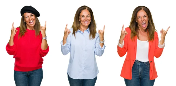 Collage Hermosa Mujer Mediana Edad Sobre Fondo Blanco Aislado Gritando — Foto de Stock