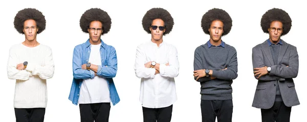 Колаж Молодої Людини Афро Волоссям Над Білим Ізольованим Фоном Скептично — стокове фото