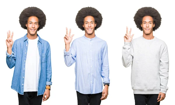 非洲头发的年轻人拼贴在白色独立的背景上 用手指第三的手指显示和指向 同时微笑着自信和快乐 — 图库照片