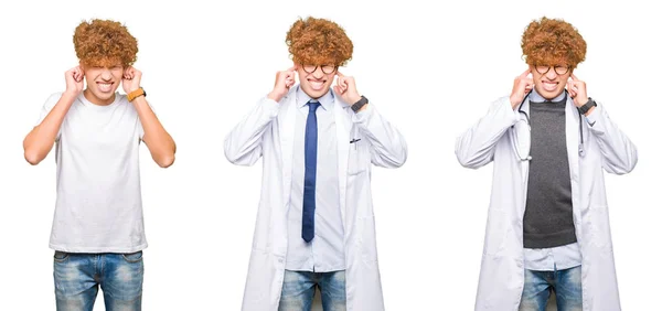 Collage Joven Doctor Vestido Con Abrigo Médico Sobre Fondo Blanco —  Fotos de Stock