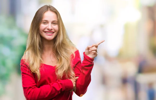 Jonge Mooie Blonde Vrouw Dragen Rode Trui Geïsoleerde Achtergrond Met — Stockfoto