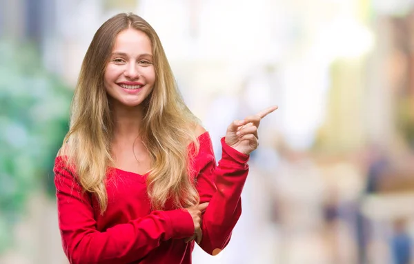 Młody Piękny Blond Kobieta Swetrze Czerwony Białym Tle Wielkim Uśmiechem — Zdjęcie stockowe