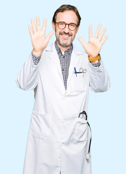 Middle Age Doctor Men Wearing Medical Coat Showing Pointing Fingers — Stock Photo, Image