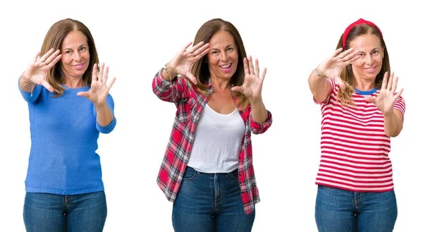 Collage Hermosa Mujer Mediana Edad Sobre Fondo Aislado Sonriendo Haciendo — Foto de Stock