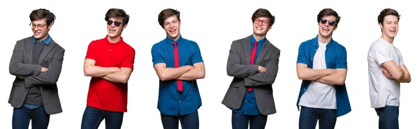 Colagem Jovem Sobre Fundo Branco Isolado Rosto Feliz Sorrindo Com — Fotografia de Stock