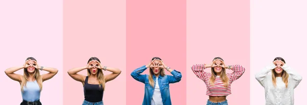 Collage Joven Hermosa Mujer Sobre Rayas Rosadas Fondo Aislado Haciendo — Foto de Stock