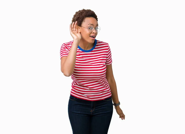 Gyönyörű Fiatal Afrikai Amerikai Szemüveg Felett Mosolygó Kézzel Fülbe Hallgat — Stock Fotó