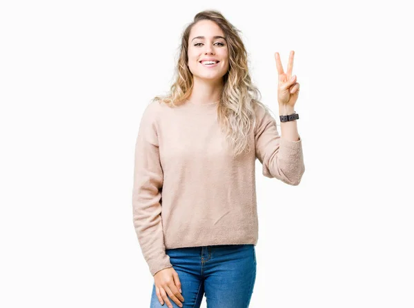 Beautiful Young Blonde Woman Wearing Sweatershirt Isolated Background Showing Pointing — Stock Photo, Image