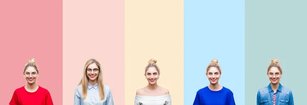 Collage Van Mooie Blonde Vrouw Geïsoleerde Achtergrond Van Kleurrijke Strepen — Stockfoto