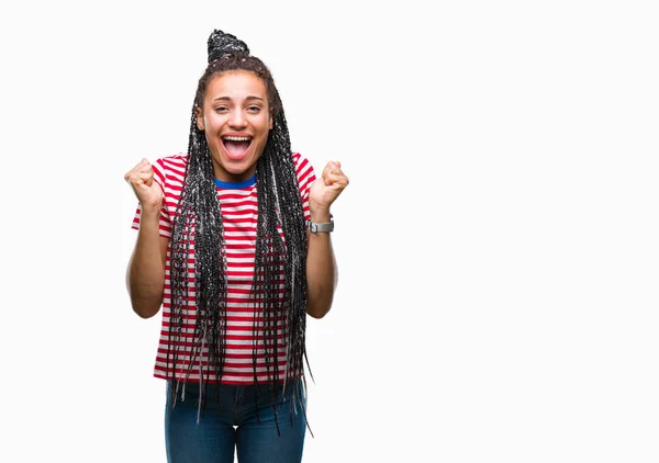 Jonge Gevlochten Hair Afrikaans Amerikaans Meisje Geïsoleerde Achtergrond Vieren Verrast — Stockfoto