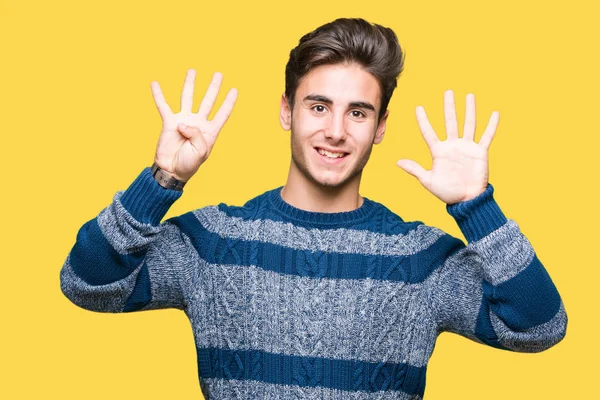 Young Handsome Man Isolated Background Showing Pointing Fingers Number Nine — Stock Photo, Image