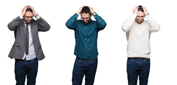 Colagem Homem Negócios Bonito Sobre Fundo Isolado Branco Sofrendo Dor — Fotografia de Stock