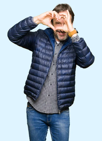 Middle Age Handsome Man Wearing Winter Coat Doing Heart Shape — Stock Photo, Image