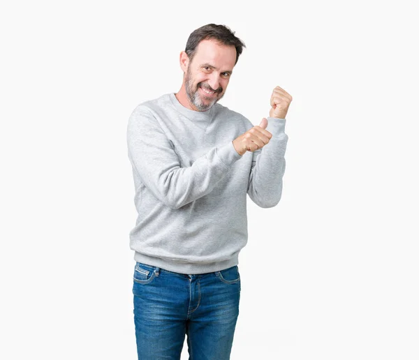 Handsome Middle Age Senior Man Wearing Sweatshirt Isolated Background Pointing — Stock Photo, Image