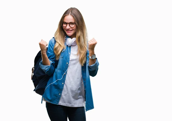 Joven Estudiante Rubia Hermosa Mujer Con Auriculares Gafas Sobre Fondo —  Fotos de Stock