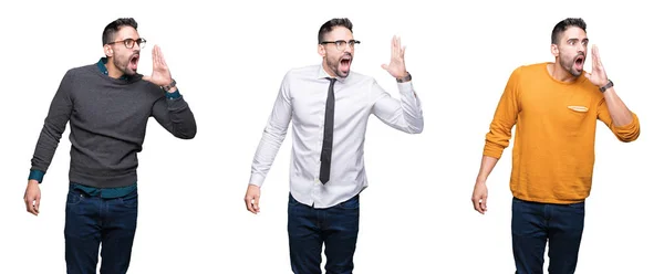 Colagem Homem Bonito Sobre Fundo Isolado Branco Gritando Gritando Alto — Fotografia de Stock