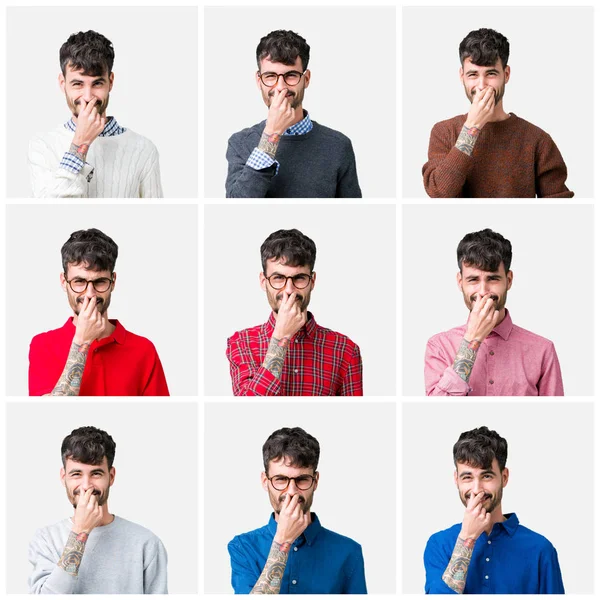 若い男が臭いと嫌な何かの臭いがする分離の背景 耐え難い臭い 鼻に指を使って保持息のコラージュ 悪いにおいの概念 — ストック写真