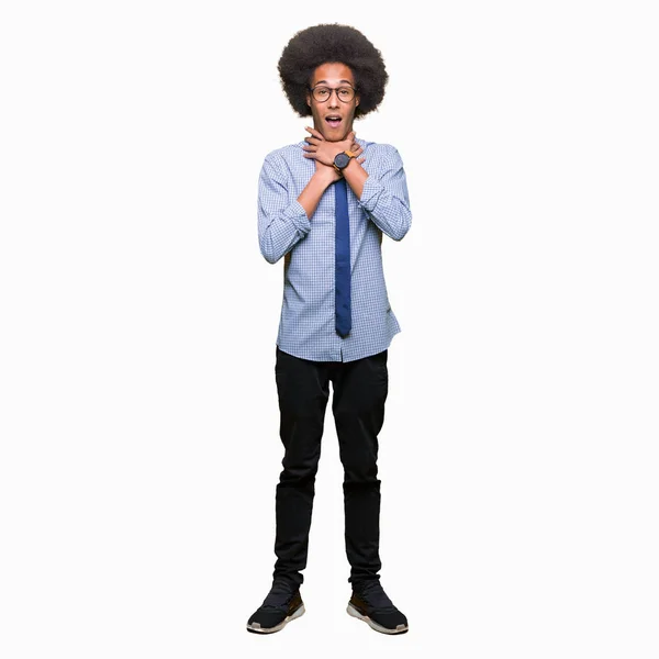 Fiatal Afro Amerikai Üzleti Ember Afro Haj Szemüveg Kiabálás Megfojt — Stock Fotó