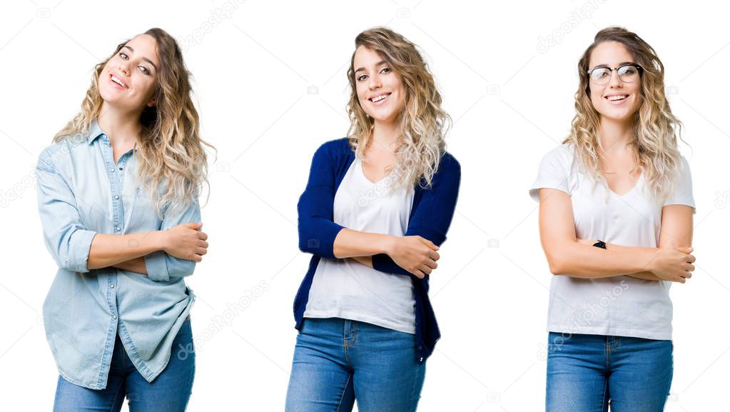 Collage of young beautiful blonde girl over isolated background happy face smiling with crossed arms looking at the camera. Positive person.