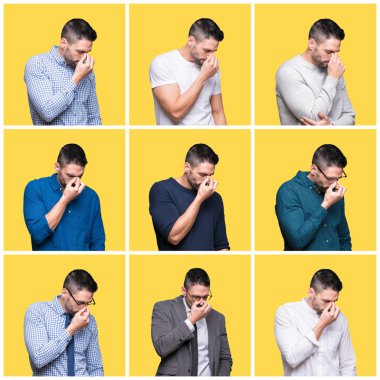 Sarı izole arka plan yorgun sürtünme burun ve gözler üzerinde yakışıklı adam Kolaj yorgunluk ve baş ağrısı hissi. Stres ve hayal kırıklığı kavramı.