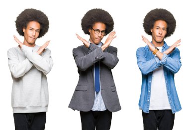 Beyaz izole arka plan üzerinde afro saçlı genç adamın kolaj Olumsuz işaret, kızgın yüz yapıyor silah geçiş Reddi ifade