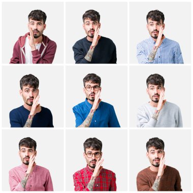 Kolaj gencin kötü amaçlı konuşma konuşma fısıldayan izole arka plan el gizli söylenti söylüyor ağzına üzerinde