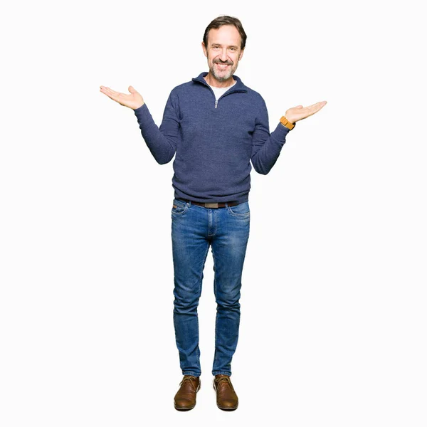 Middle Age Handsome Man Wearing Sweater Smiling Showing Both Hands — Stock Photo, Image