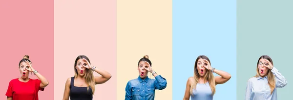 Collage Van Jonge Mooie Vrouw Kleurrijke Strepen Geïsoleerde Achtergrond Doen — Stockfoto