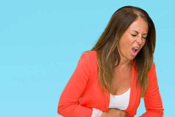 Mooie Middenleeftijd Volwassen Zakenvrouw Geïsoleerd Achtergrond Met Hand Maag Omdat — Stockfoto