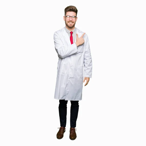 Young Handsome Scientist Man Wearing Glasses Cheerful Smile Face Pointing — Stock Photo, Image