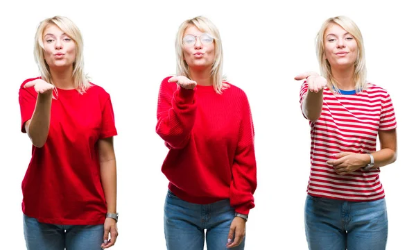 Collage Einer Schönen Blonden Frau Lässigem Rot Vor Isoliertem Hintergrund — Stockfoto