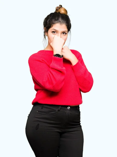 Young Beautiful Woman Wearing Red Sweater Bun Ready Fight Fist — Stock Photo, Image