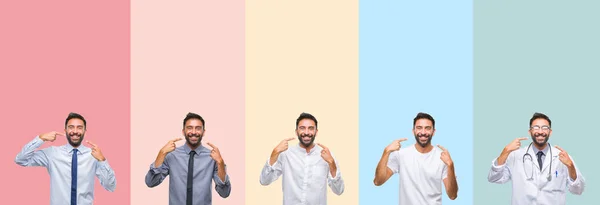 Collage Handsome Man Colorful Stripes Isolated Background Smiling Confident Showing — Stock Photo, Image